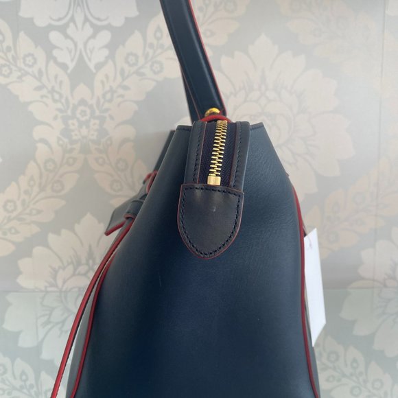 CELINE PARIS Navy / Red Trimmed Leather Bag/Satchel w/ Flap & Strap Detail - Picture 6 of 9